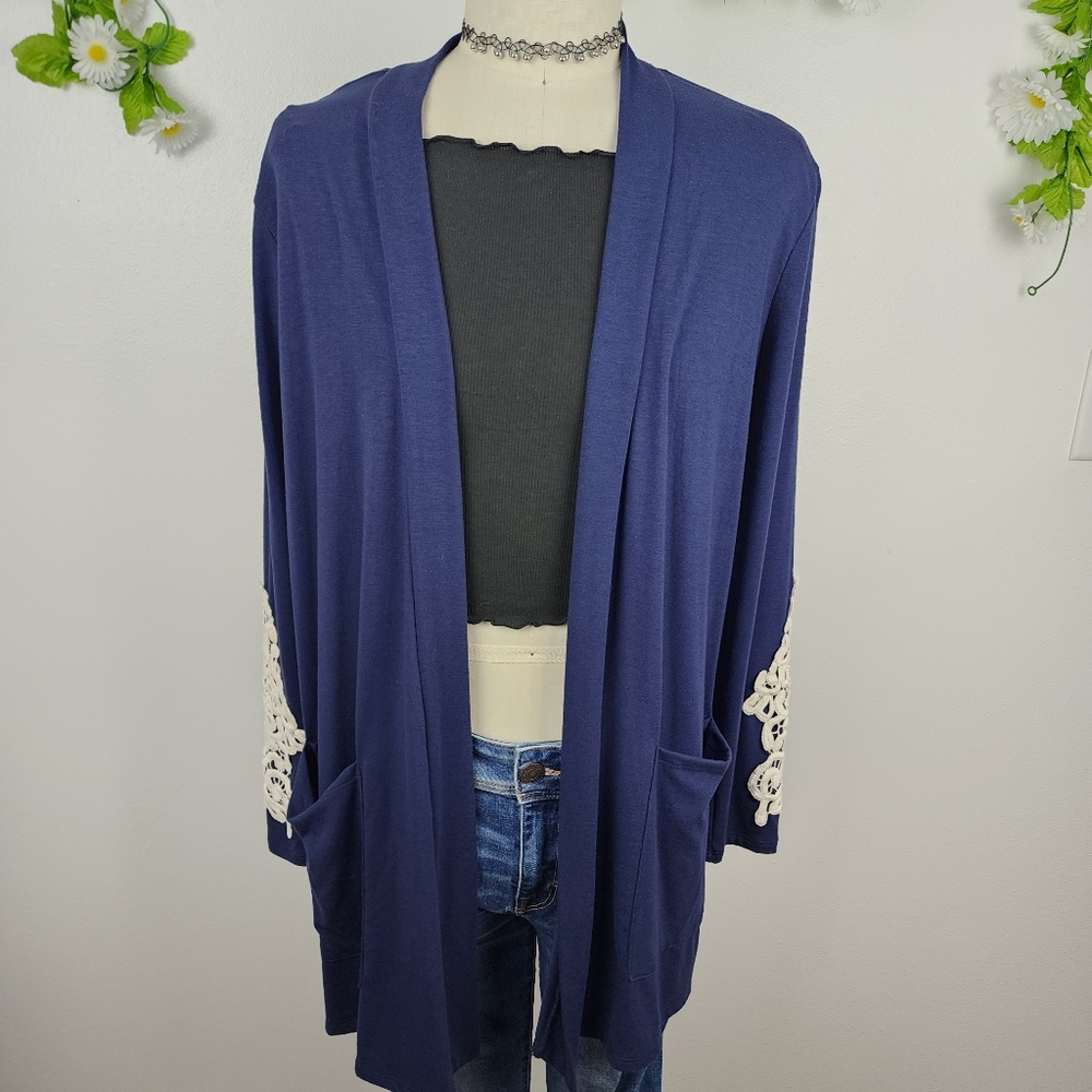 Zenana Blue Open Cardigan with Lace Sleeve Detail And Pockets Sz 2X